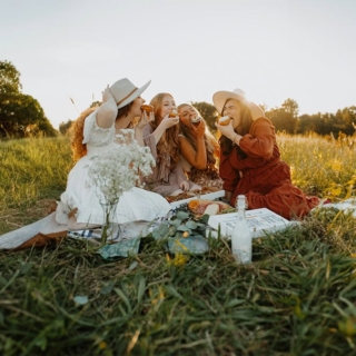 Vier Frauen genießen zusammen ein Picknick auf einer Wiese. - Picknick in Dresden