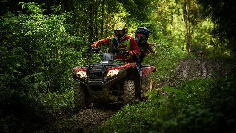 Ein Fahrer mit Beifahrer fahren auf einem Quad durch den Wald