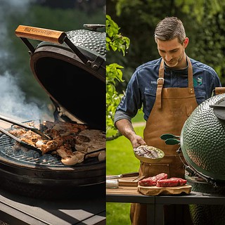 Ein Mann bereitet das Essen auf einem Kamado-Grill vor