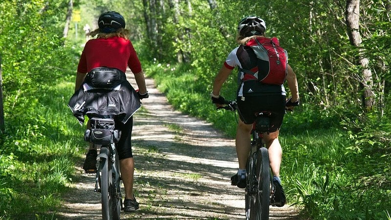 zwei Personen auf Fahrrädern im Wald