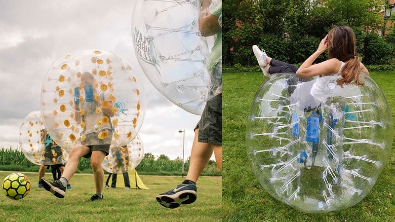 Links: Ein Team spielt Bubble Fußball im Freien Rechts: Eine Frau sitzt in einem Airbag