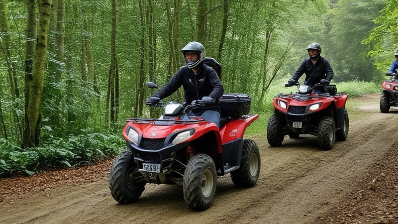 Drei Quads fahren durch den Wald