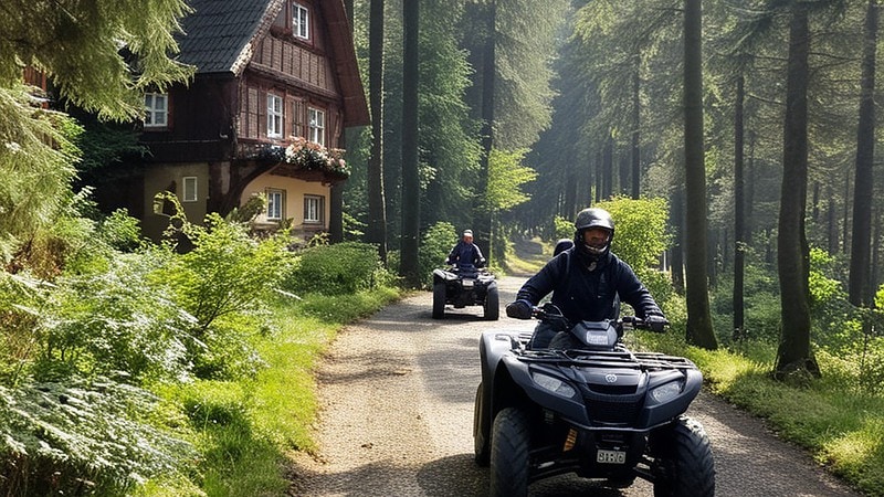 drei Leute fahren mit schwarzen Quads durch den Wald