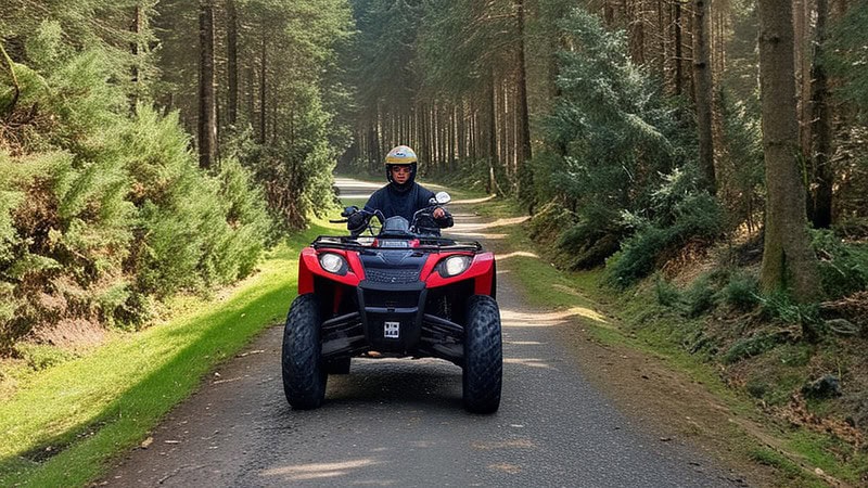 Großes rotes Quad fährt durch den Wald