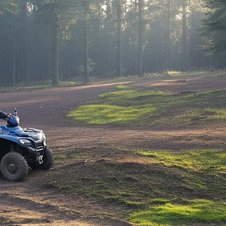 Fahrer mit blauem Quad auf einer Waldlichtung