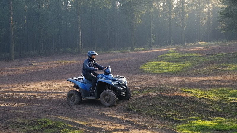 Fahrer mit blauem Quad auf einer Waldlichtung