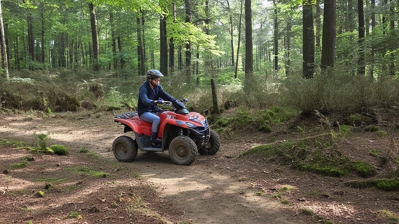 Fahrer mit rotem Quad auf einer Waldlichtung