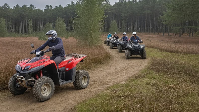 Quad Kolonne auf einem Waldweg in der Kurve