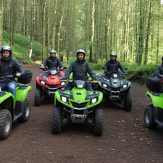 Verschiedenfarbige Quads stehend im Wald