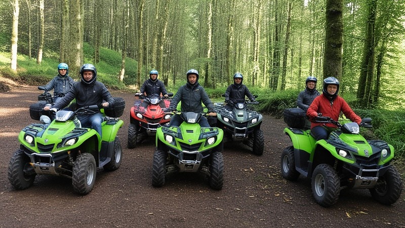 Verschiedenfarbige Quads stehend im Wald