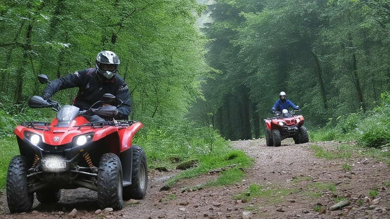 Zwei Fahrer beim Offroad fahren mit roten Quads im Wald