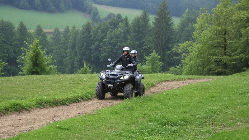 Zwei Personen zusammen auf einem Qaud fahren über den Feldweg