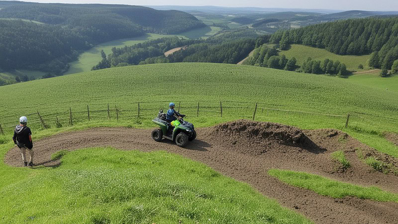 Ein Quadfahrer auf einem Erdigen Parkour auf der Wiese