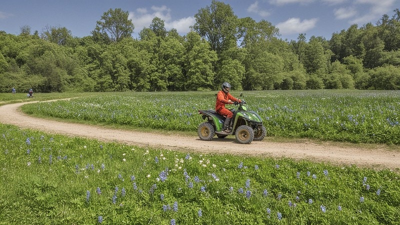 Ein Quadfahrer zwischen zwei großen Blumenwiesen