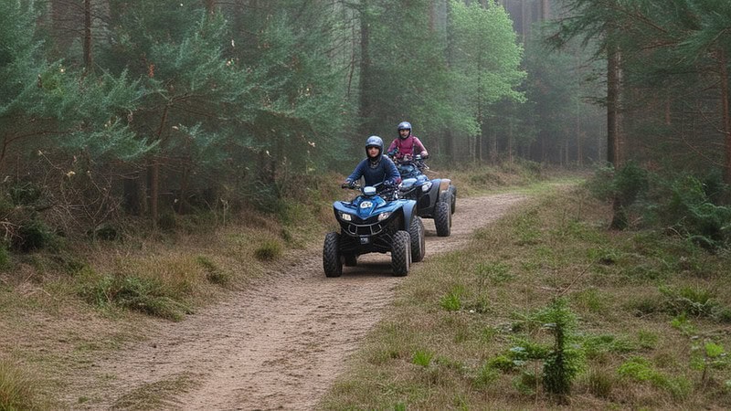 Zwei Quadfahrer auf einem Waldweg