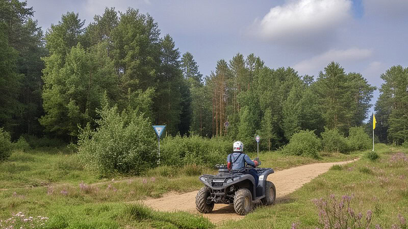 Ein Quadfahrer steht auf einem Sandweg