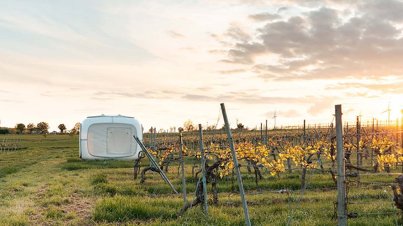 Sleep Cube steht auf den Weingut - Aufnahme zur blauen Stunde