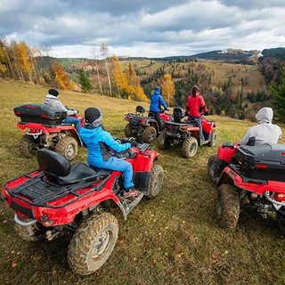 5 Quad Fahrer die eine schräge Wiese hinunter schauen.